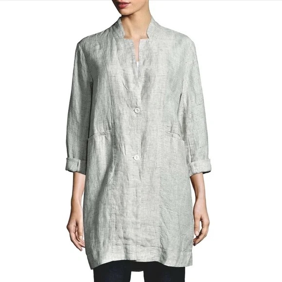 Eileen Fisher Organic Linen Slub Check Long Jacket Blazer Size Medium - Picture 4 of 10